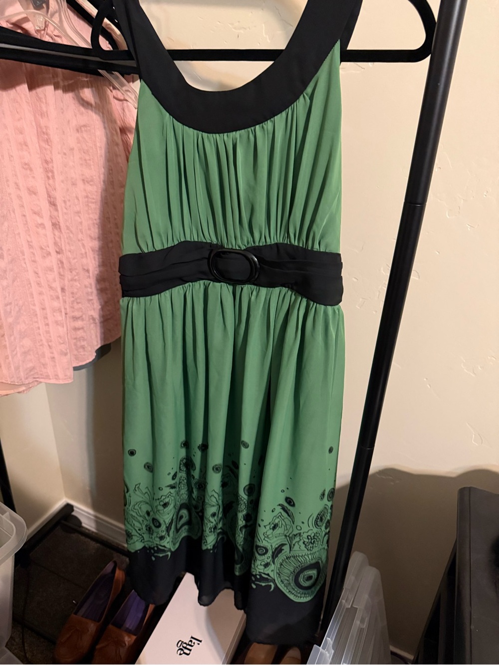Women’s Green and Black Sleeveless Dress with vintage vibe and paisley detail